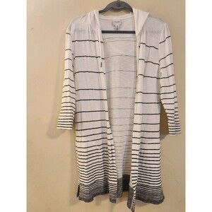 Weekends by Chico's Size 1(Medium)White/Black‎ Striped Top Hood Cotton Blend